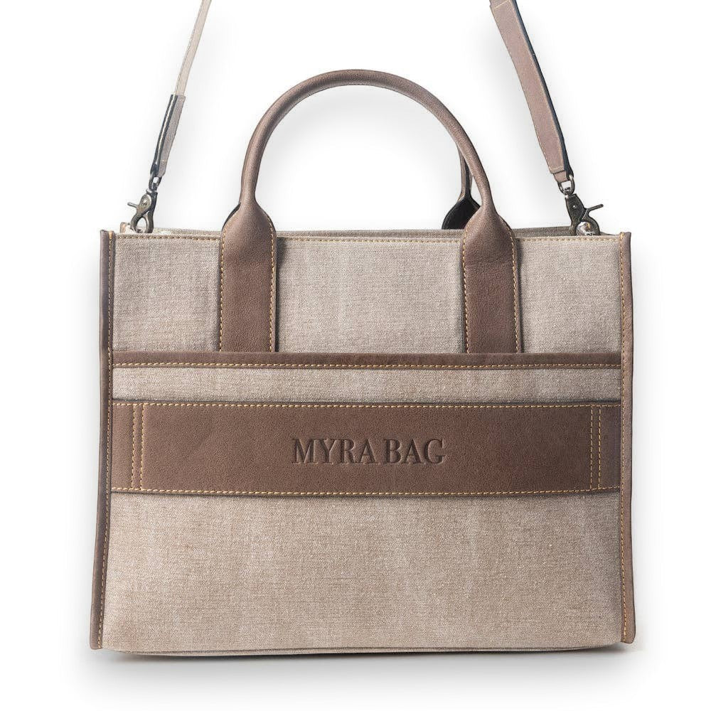 Mellow Monkey Sel de Mer shoulder bag in Old Mill White up-cycled canvas with genuine leather trim and dual handles.