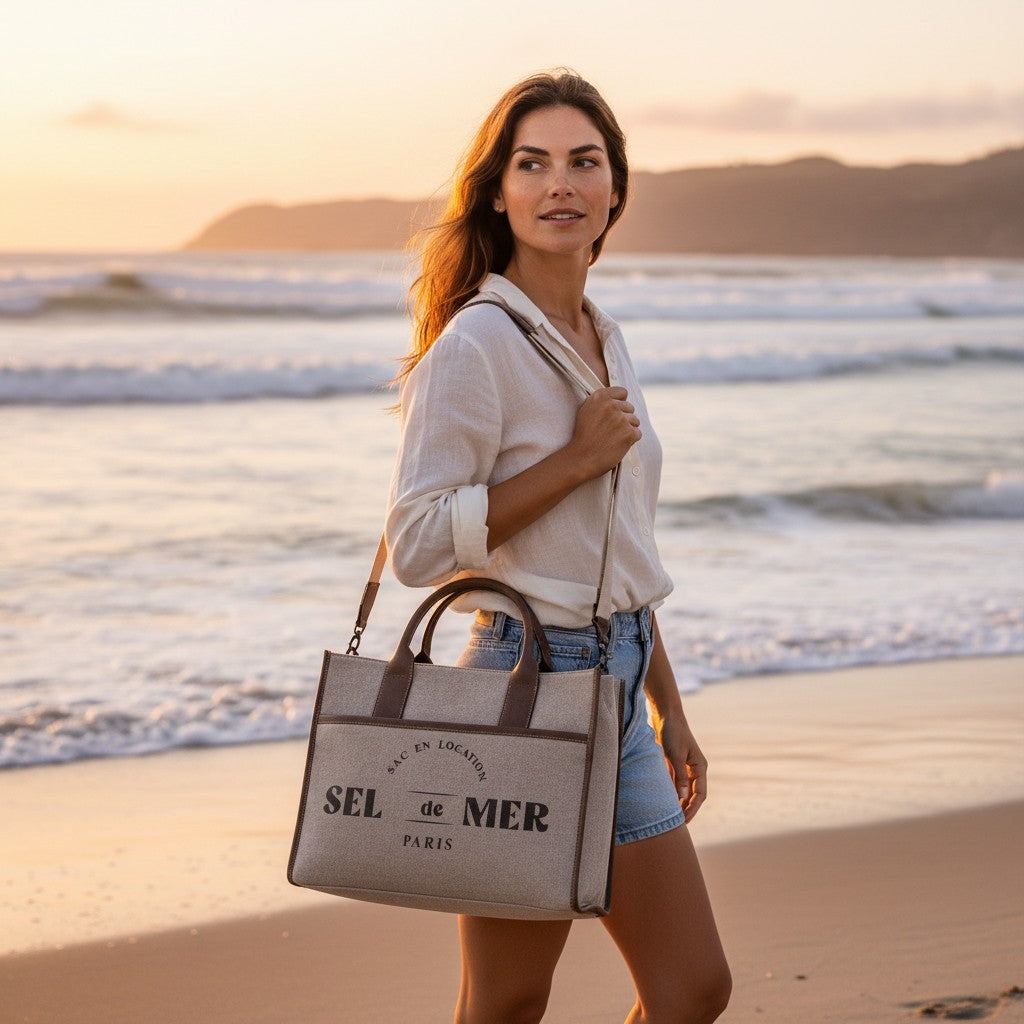 Mellow Monkey Sel de Mer shoulder bag in Old Mill White canvas with leather trim carried by a woman on a beach