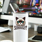 Mellow Monkey Seriously Cat waterproof vinyl sticker applied to a white tumbler on a desk