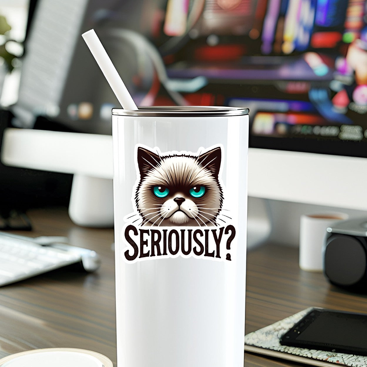 Mellow Monkey Seriously Cat waterproof vinyl sticker applied to a white tumbler on a desk