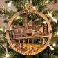 Mellow Monkey 4-inch wood ornament featuring a laser-engraved Seymour, CT town landmark design with burlap string.