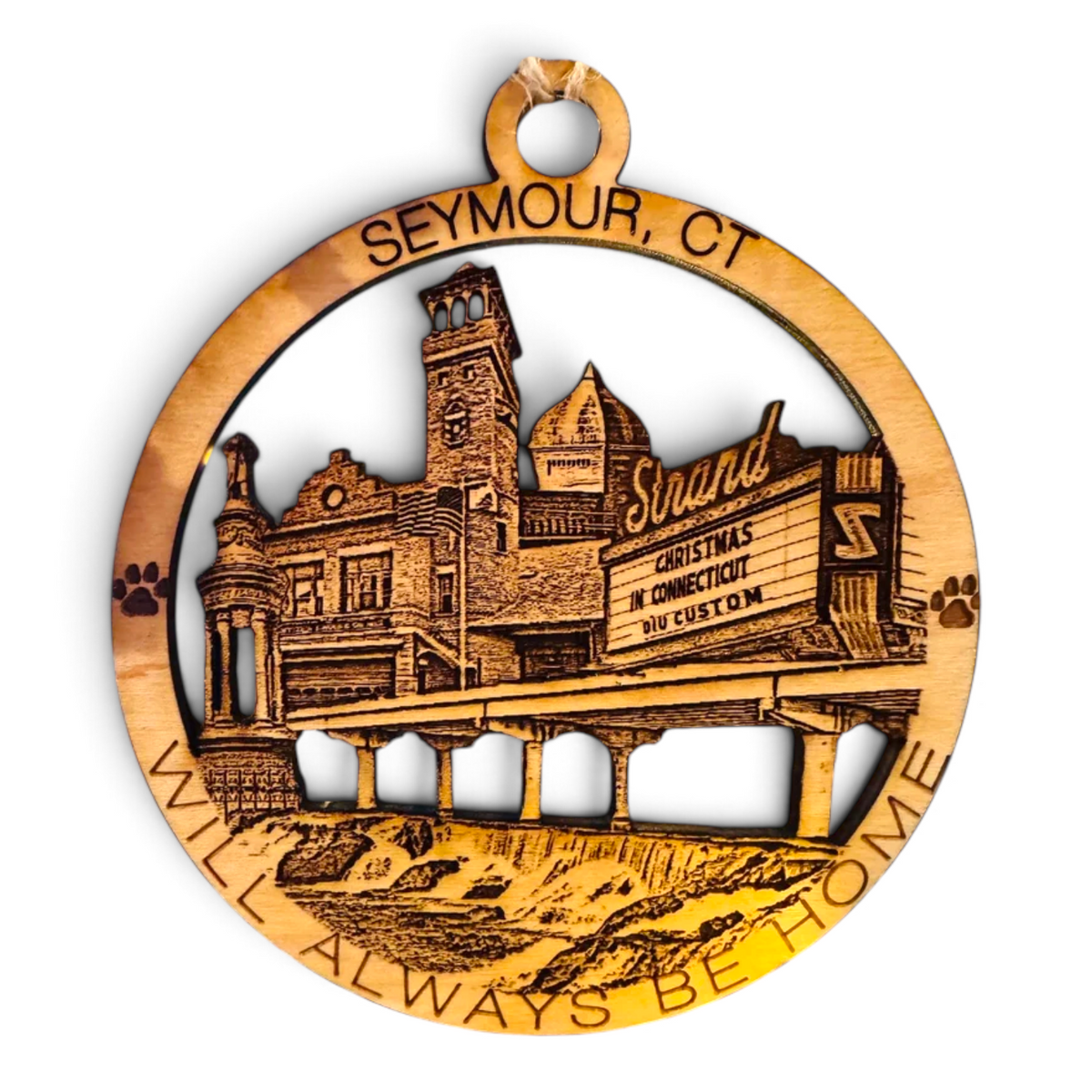 Mellow Monkey 4-inch round wooden ornament featuring a laser-cut design of the historic Seymour, CT Strand theater.