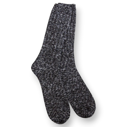 Mellow Monkey Shadow 1902 Collection ragg wool metro crew socks in a black and white marled knit pattern.