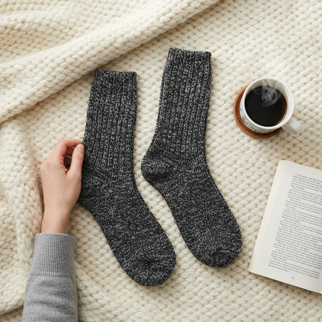 Mellow Monkey Shadow ragg wool crew socks in charcoal grey, resting on a cozy cream knit blanket with coffee and book.