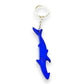 Mellow Monkey shark-shaped aluminum bottle opener keychains in red, blue, purple, green, and black.