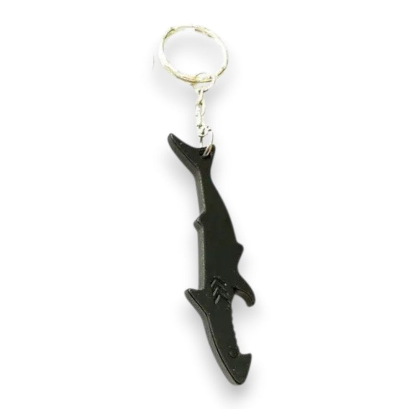 Mellow Monkey shark-shaped aluminum bottle opener keychains in red, blue, purple, green, and black.