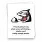 Mellow Monkey Shark Lunch funny greeting card featuring a shark with a napkin and cloche, blank inside, made in USA.