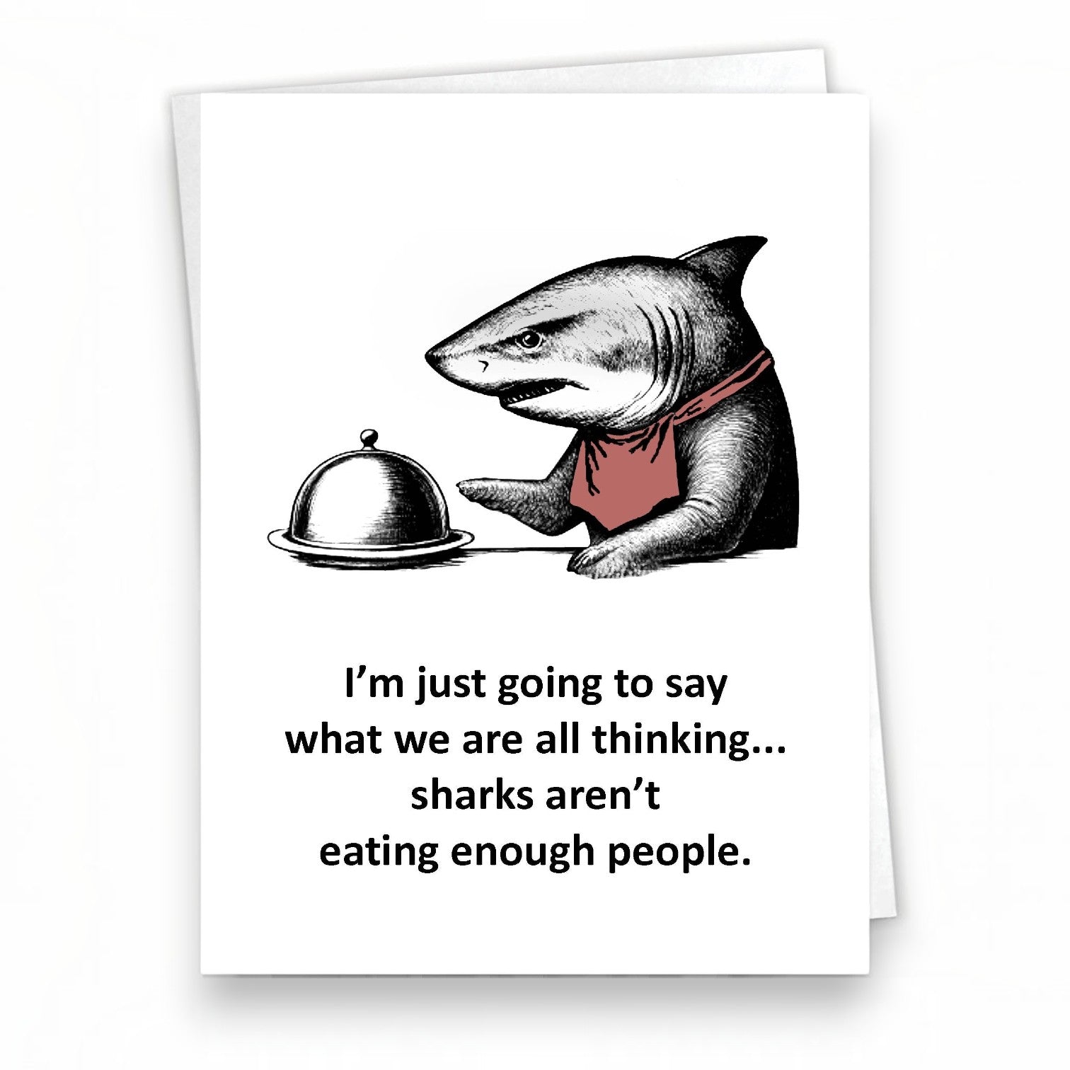 Mellow Monkey Shark Lunch funny greeting card featuring a shark with a napkin and cloche, blank inside, made in USA.