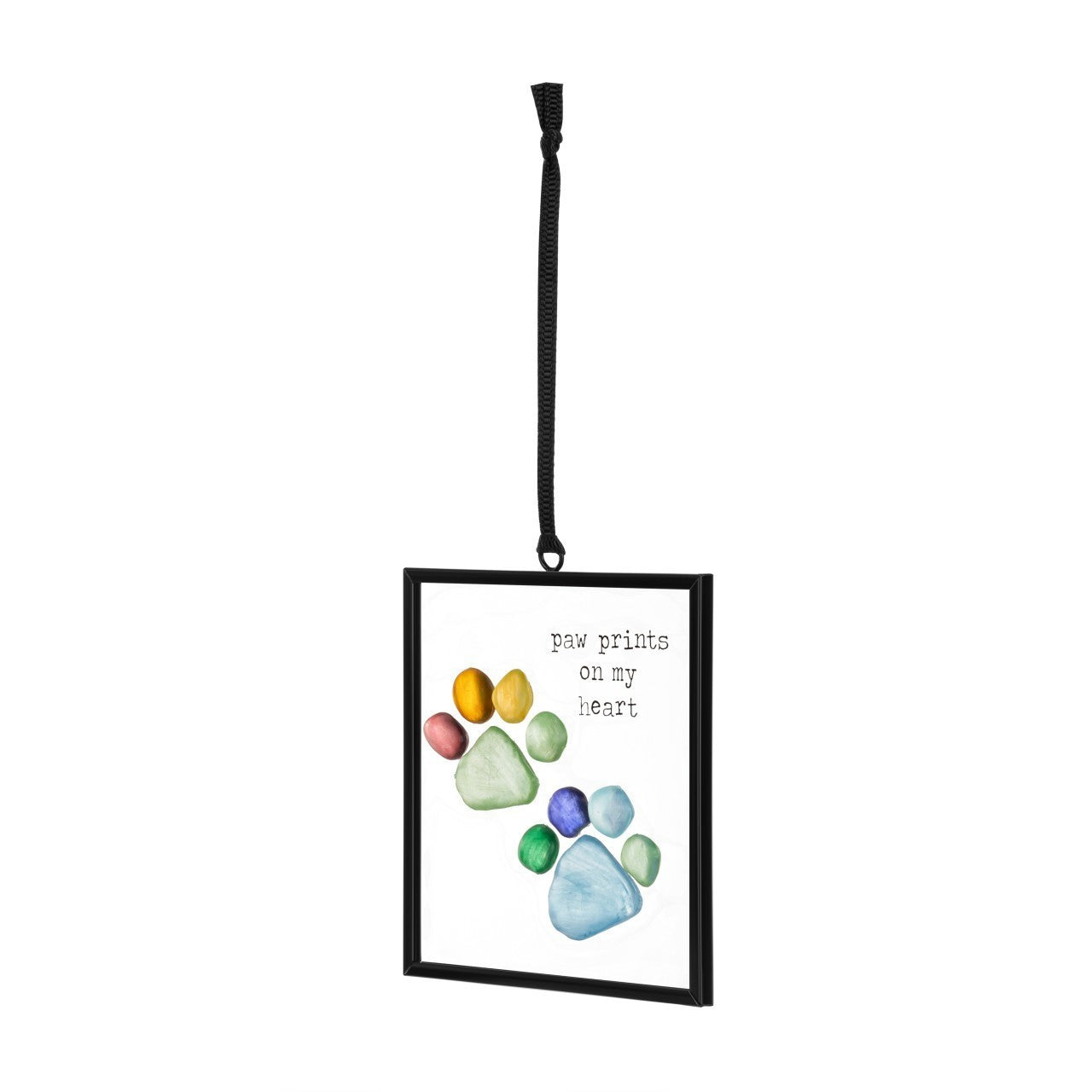 Mellow Monkey Sharon Nowlan suncatcher featuring a pebble art paw print design with the text Paw Prints On My Heart