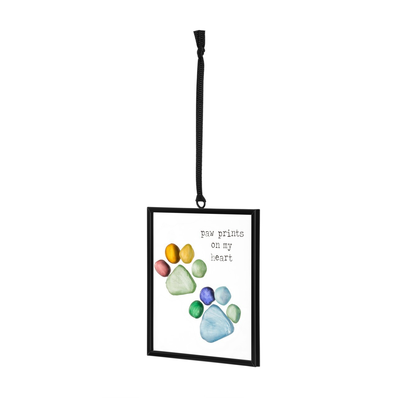 Mellow Monkey Sharon Nowlan suncatcher featuring a pebble art paw print design with the text Paw Prints On My Heart