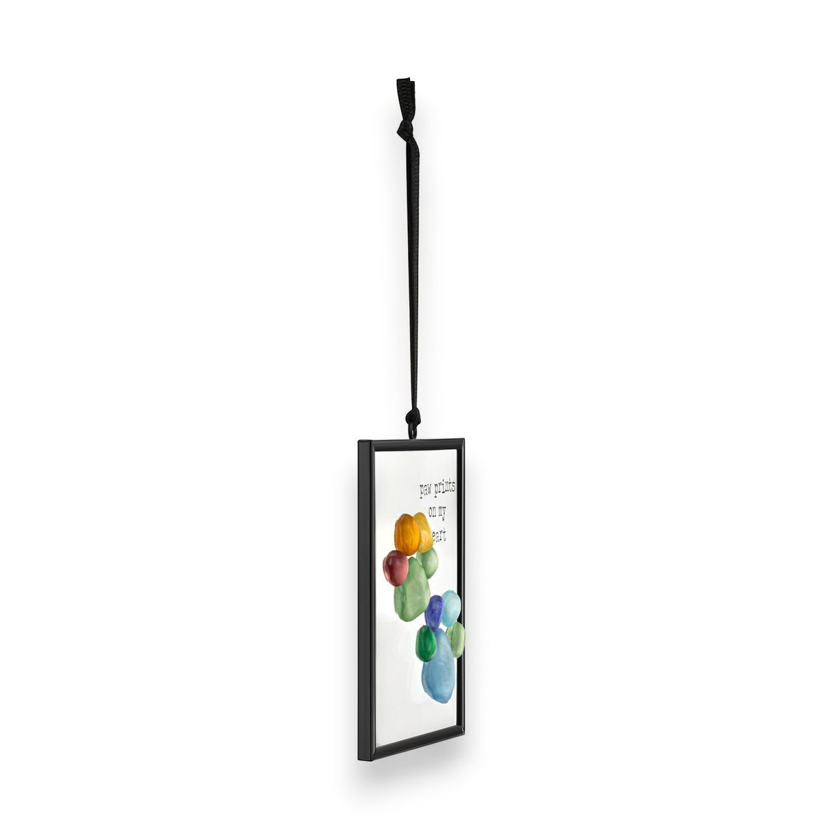 Mellow Monkey Sharon Nowlan suncatcher featuring rainbow pebble art paw prints and the sentiment Paw Prints On My Heart