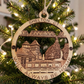 Mellow Monkey Shelton CT Will Always Be Home wooden ornament with laser-cut landmarks hanging on a Christmas tree.