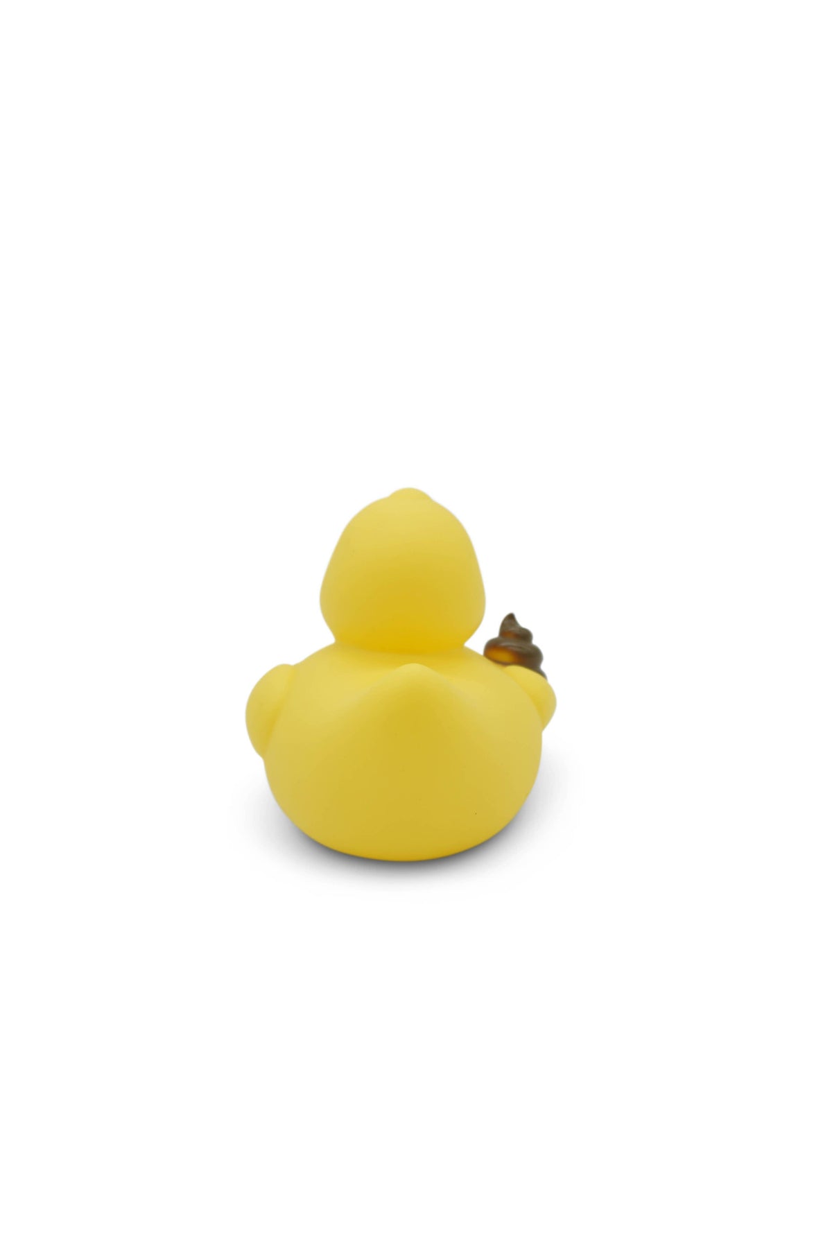 Mellow Monkey Shit Happens yellow rubber duck with a small brown poop emoji detail on its back, rear view.