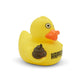 Mellow Monkey yellow rubber duck holding a brown poop emoji with Shit Happens text on its side