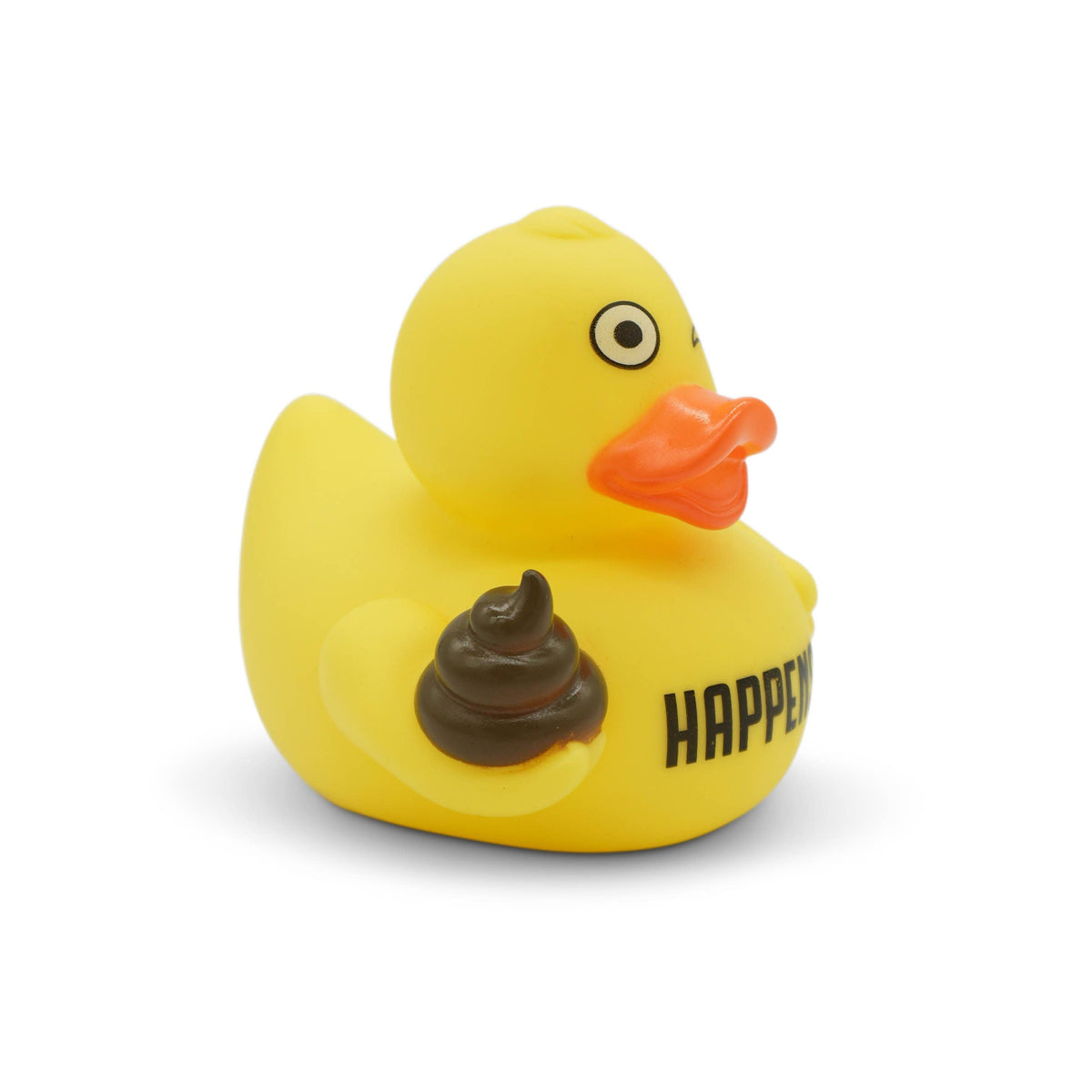 Mellow Monkey yellow rubber duck holding a brown poop emoji with Shit Happens text on its side