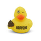 Mellow Monkey yellow rubber duck winking with a brown poop emoji and the word HAPPENS printed on its chest