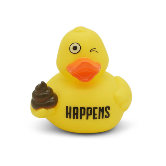 Mellow Monkey yellow rubber duck winking with a brown poop emoji and the word HAPPENS printed on its chest
