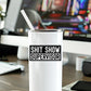 Mellow Monkey Shit Show Supervisor vinyl decal sticker applied to a white stainless steel tumbler on a desk.