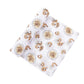 Mellow Monkey muslin swaddle blanket featuring a playful shrimp and grits print on soft white bamboo cotton fabric.