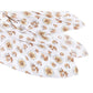 Mellow Monkey muslin swaddle blanket featuring a white background with a whimsical shrimp and grits food print.