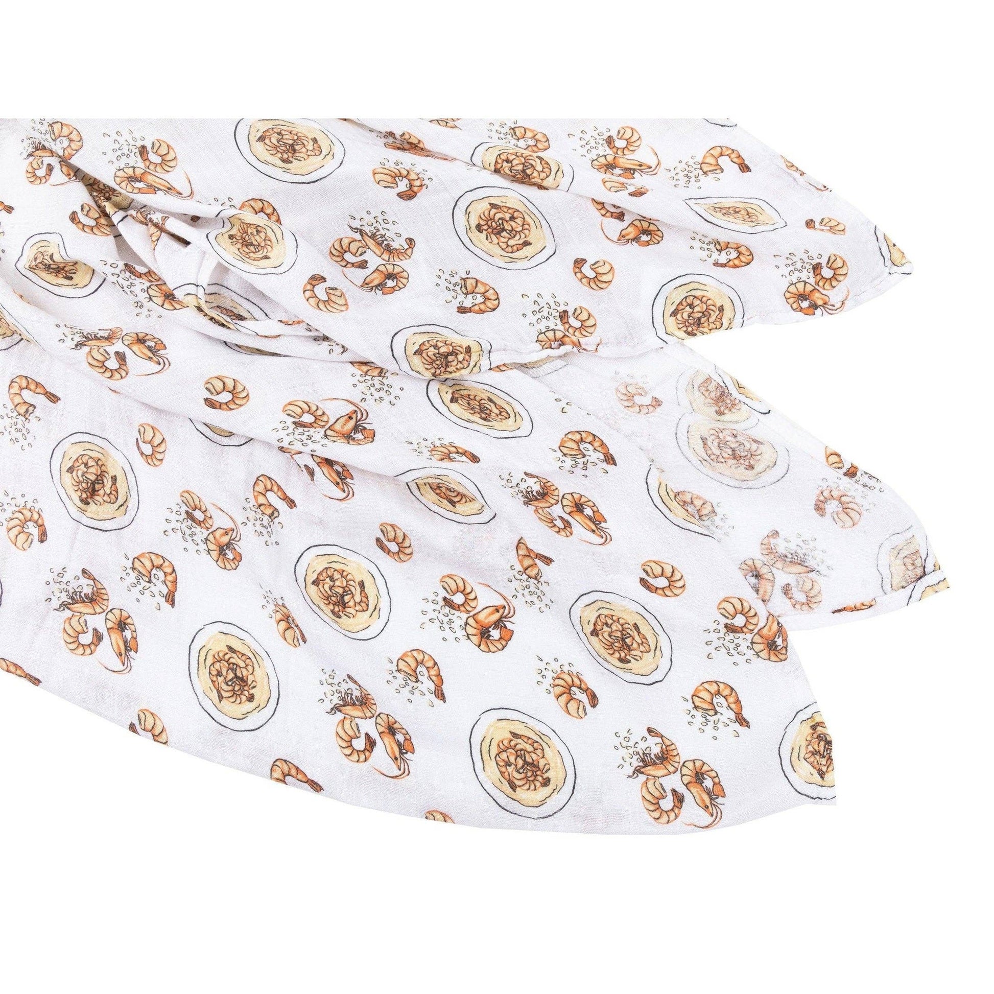 Mellow Monkey muslin swaddle blanket featuring a white background with a whimsical shrimp and grits food print.