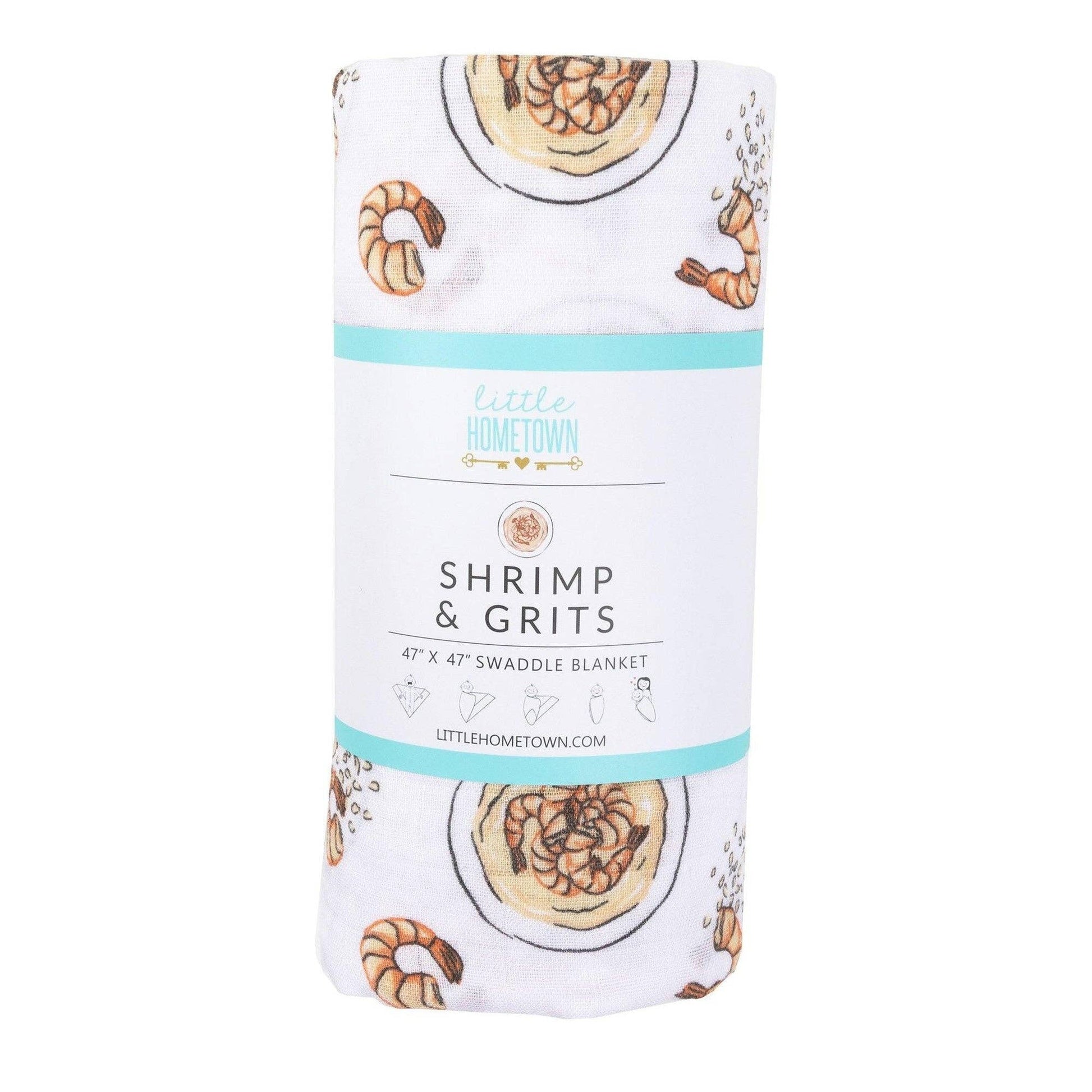 Mellow Monkey muslin swaddle blanket featuring a shrimp and grits food pattern on a soft white bamboo cotton blend.
