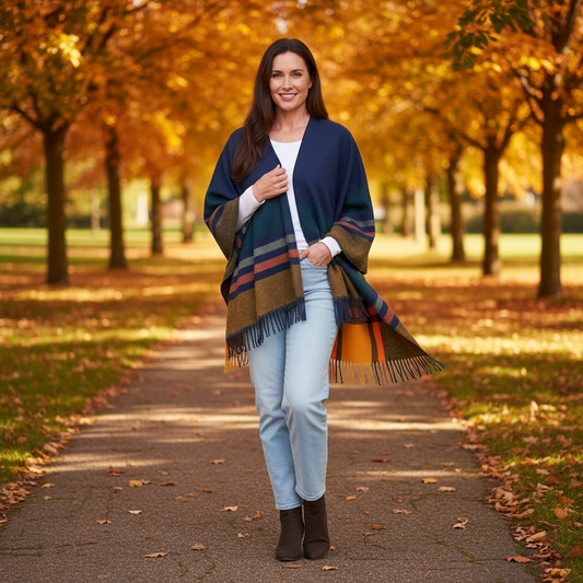 Mellow Monkey Sidney Fringe Wrap in midnight plaid with tassel accents worn by a woman in an autumn park setting.