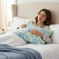 Mellow Monkey Silky Satin Pillowcase in Blue Blossom floral print. Smooth, breathable satin.