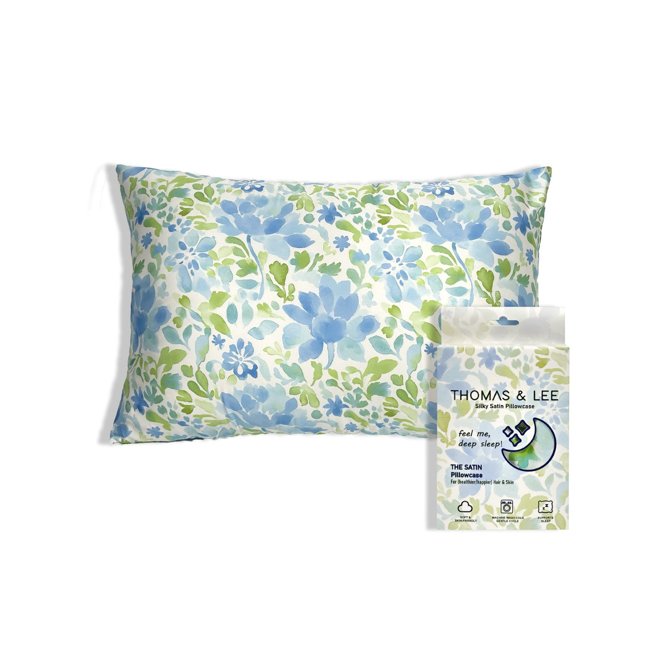 Mellow Monkey Silky Satin Pillowcase with blue blossom floral print. Smooth, breathable satin.