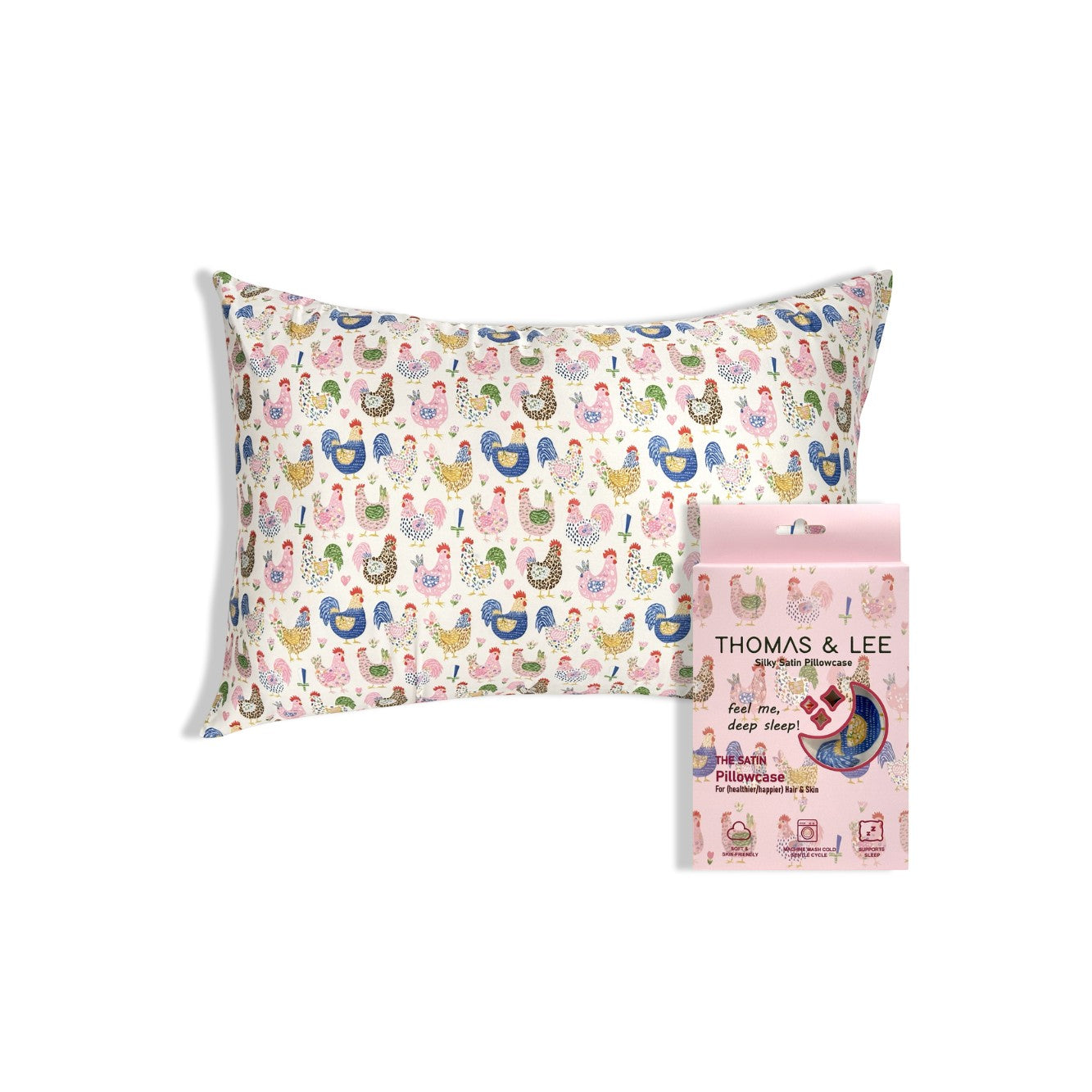 Mellow Monkey Silky Satin Pillowcase with a playful chicken pattern in pink, blue, yellow, and white. Satin material.