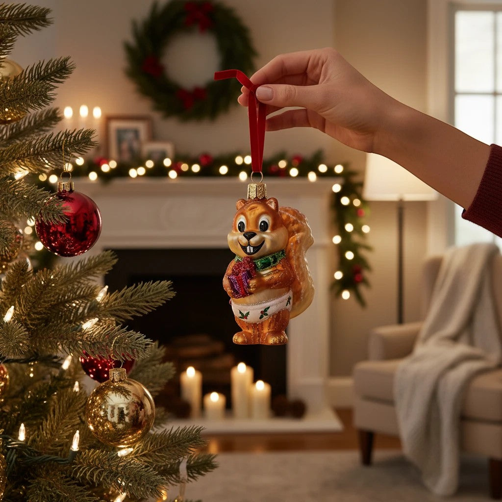 Mellow Monkey Silly Christmas Squirrel ornament, hand-blown glass, wearing a diaper and holding a gift.