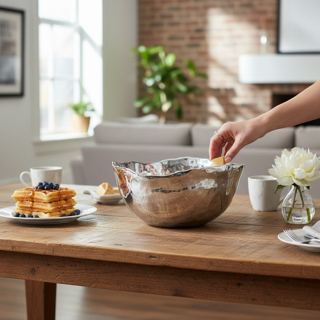 Mellow Monkey SOHO Osaka Medium Deep Bowl in silver, 11-inch, made of aluminum alloy, perfect for salads or centerpieces.