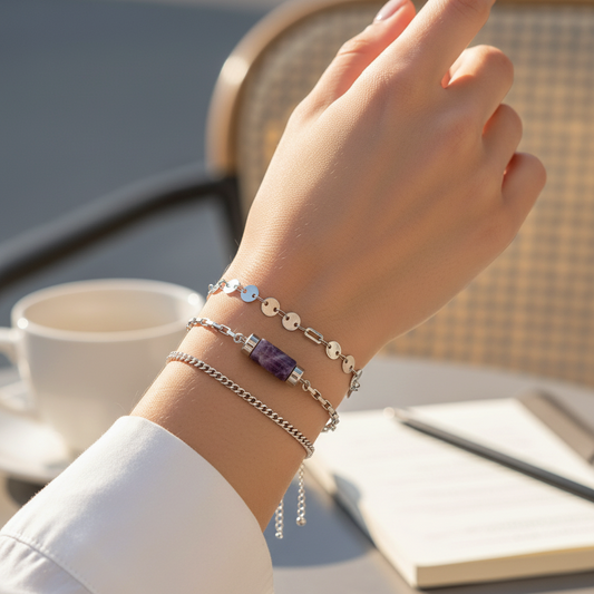 Mellow Monkey waterproof silver bracelet set featuring a genuine amethyst stone, chain link, and disc detail.