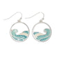 Mellow Monkey silver hoop earrings featuring coastal wave designs with aqua and white enamel inlay.