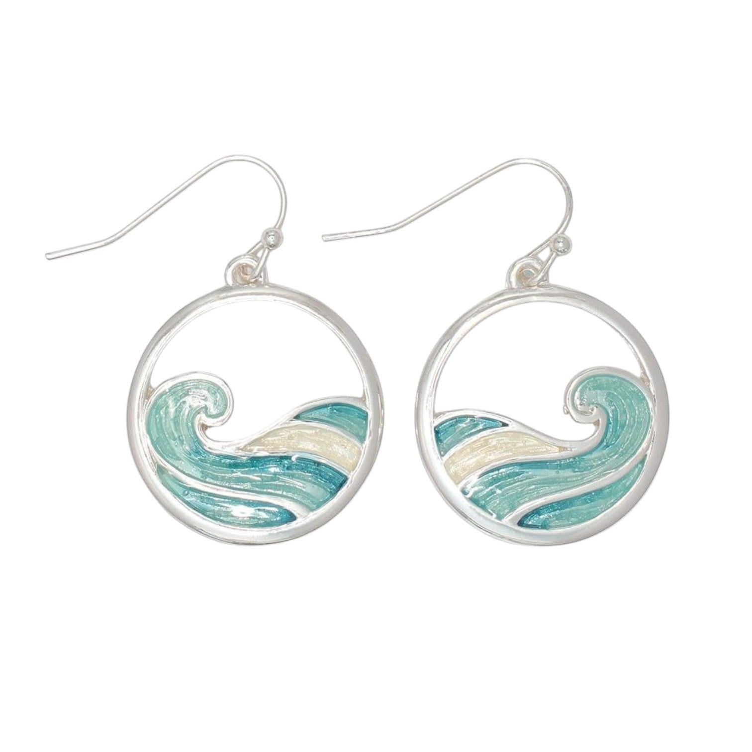 Mellow Monkey silver hoop earrings featuring coastal wave designs with aqua and white enamel inlay.