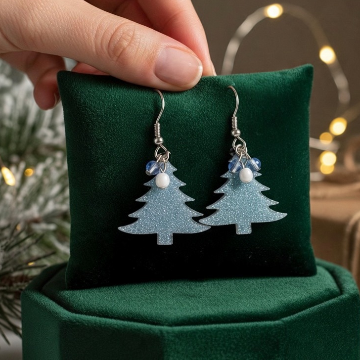 Mellow Monkey silver glittery Christmas tree earrings with surgical steel wires displayed on a green velvet cushion.