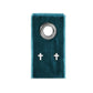 Mellow Monkey minimalist silver cross stud earrings displayed on a teal velvet jewelry card.