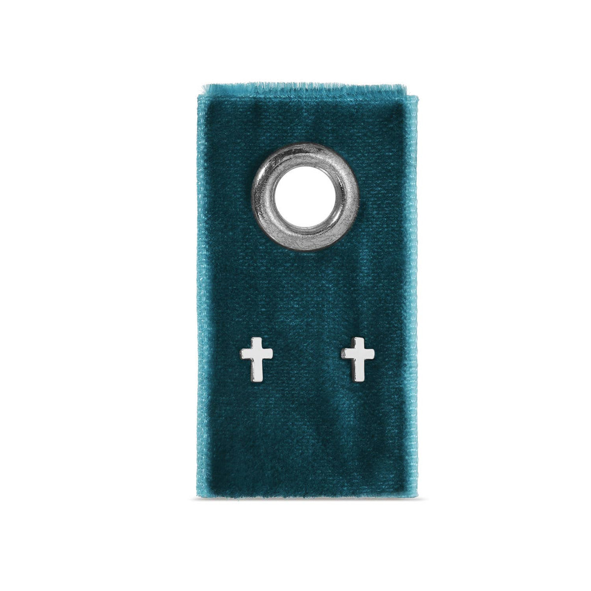 Mellow Monkey minimalist silver cross stud earrings displayed on a teal velvet jewelry card.