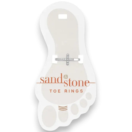 Mellow Monkey silver cubic zirconia cross toe ring on a white foot-shaped display card. Water resistant stainless steel.