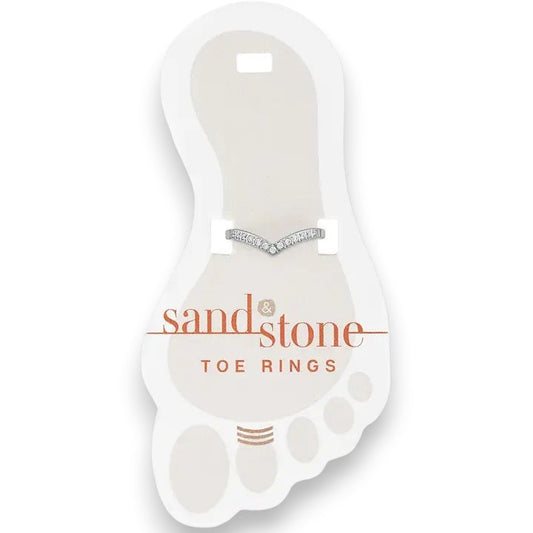 Mellow Monkey Silver Cubic Zirconia V-shaped toe ring on display card. Stainless steel, water-resistant.