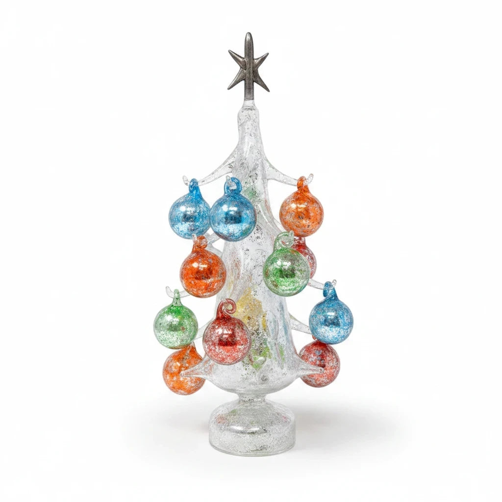 Mellow Monkey 13-inch silver glass Christmas tree with colorful hanging ornaments and a star topper