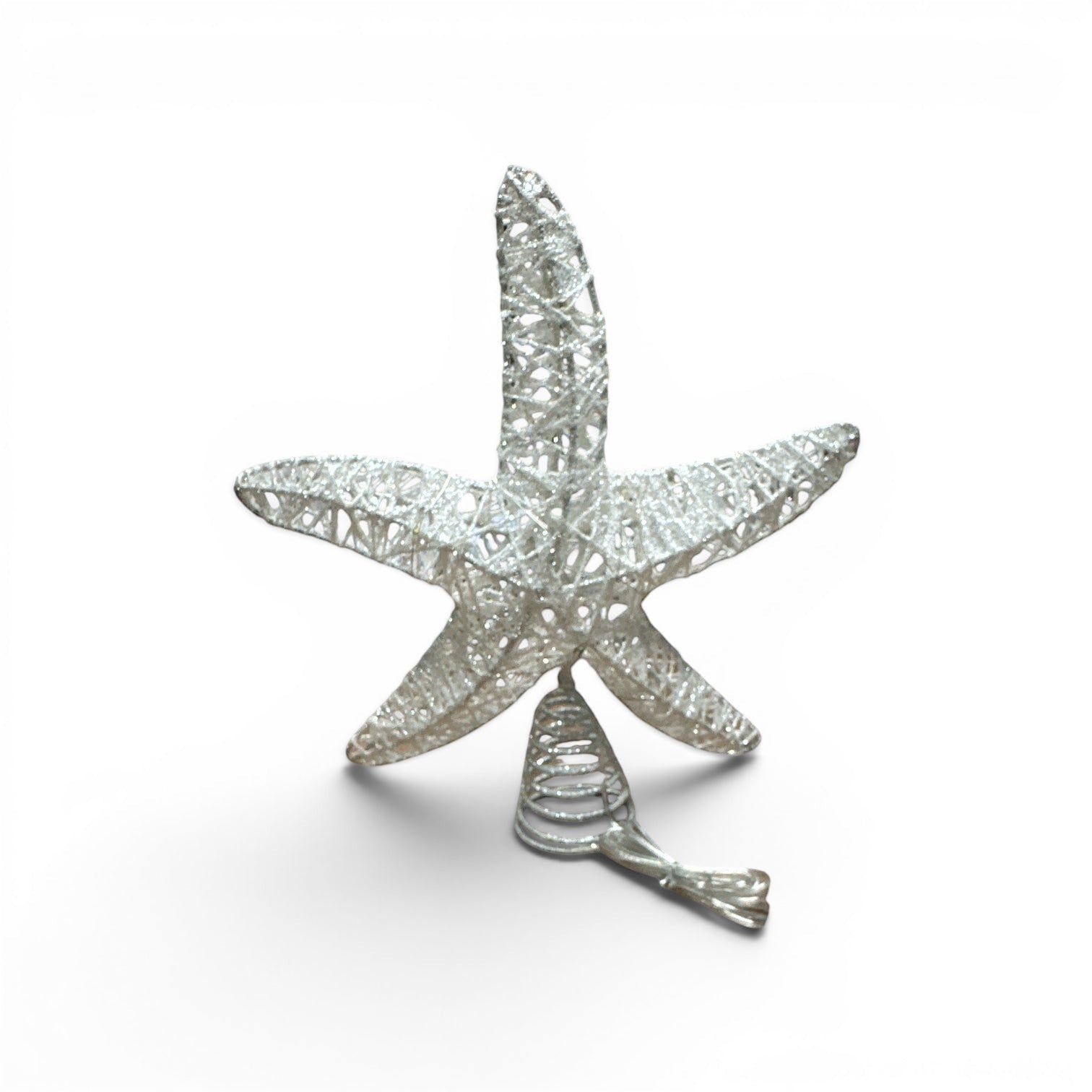 Mellow Monkey 11-inch silver glitter starfish Christmas tree topper with integrated LED lights and coiled base.