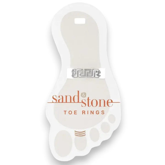 Mellow Monkey Silver Greek Key toe ring made of stainless steel, adjustable and water-resistant.