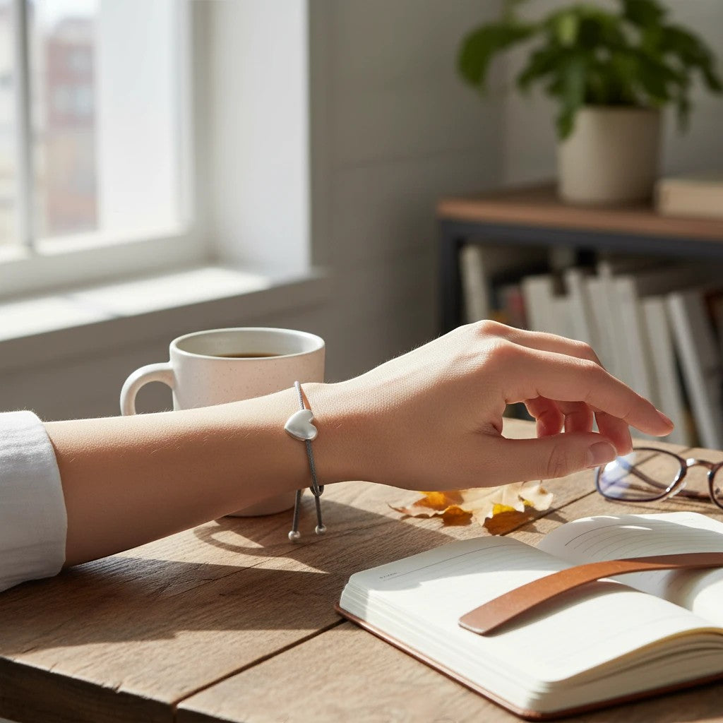 Mellow Monkey slate blue cord bracelet with a silver heart charm worn on a wrist at a desk with a book and coffee.