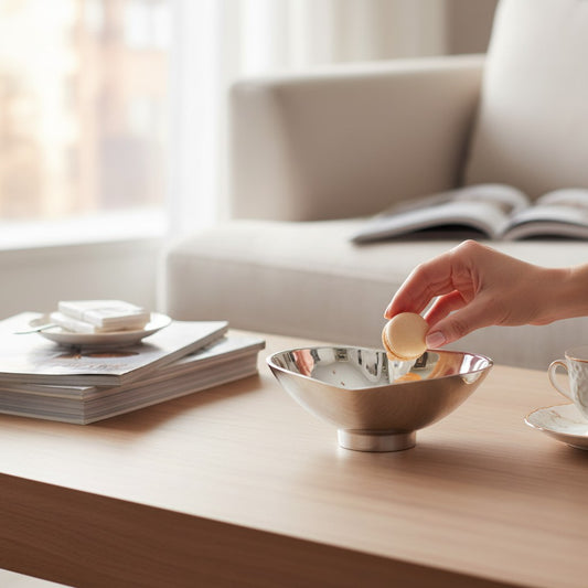 Mellow Monkey GIFTABLES Deep Heart Small Bowl in silver, made of aluminum alloy, perfect for snacks.