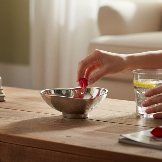 Mellow Monkey silver heart-shaped mini bowl made of aluminum alloy, perfect for serving snacks or jewelry.