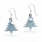 Mellow Monkey silver glitter holiday tree earrings with surgical steel wires and blue and white bead accents