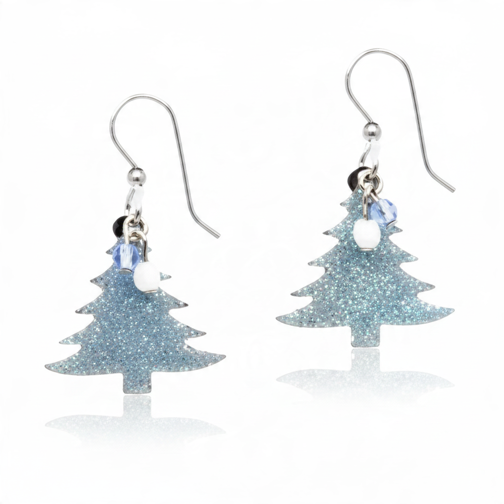Mellow Monkey silver glitter holiday tree earrings with surgical steel wires and blue and white bead accents