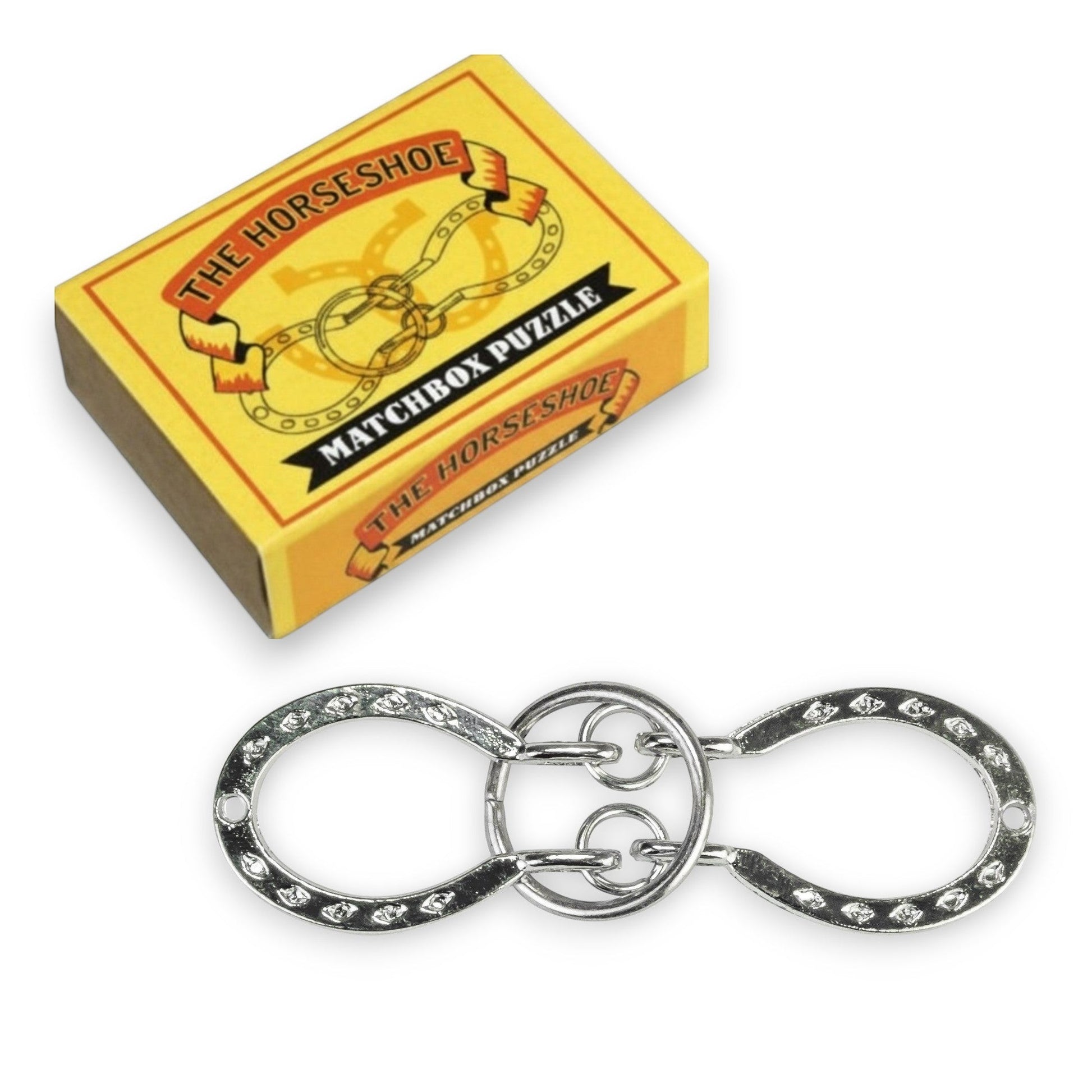 Mellow Monkey silver metal horseshoe brainteaser puzzle consisting of two interlocking pieces