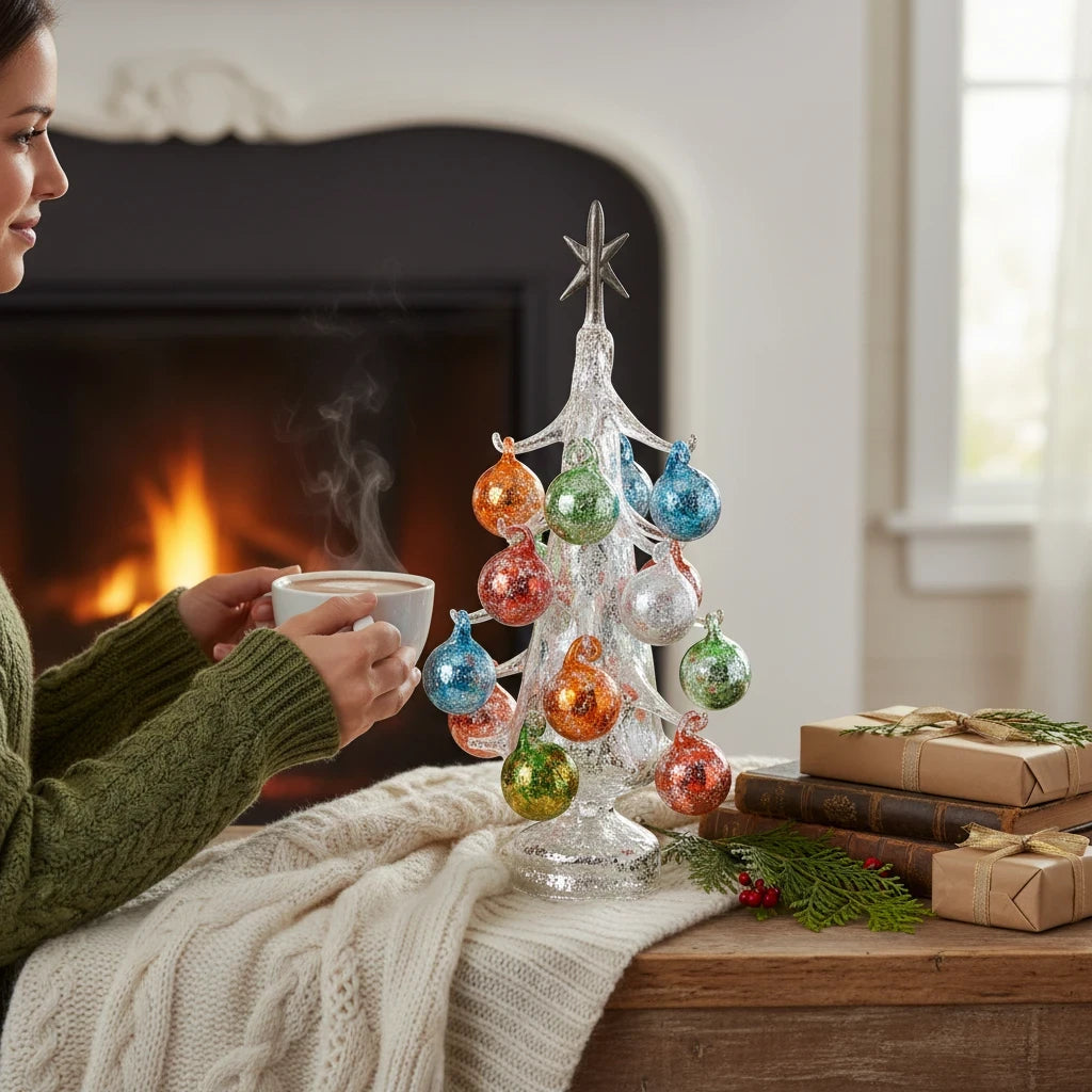 Mellow Monkey 13-inch silver LED tabletop tree decorated with colorful glass ornaments near a cozy fireplace.